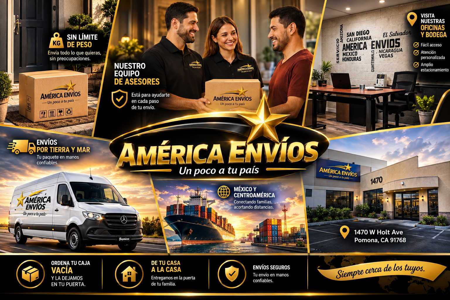 América Envíos: equipo de asesores, oficinas, bodega, entrega de cajas, camioneta de reparto y envíos por tierra y mar a México y Centroamérica